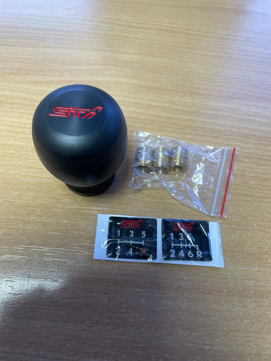 STI-style black Duracon gear knob with thread adapters and 5-speed 6-speed shift pattern stickers